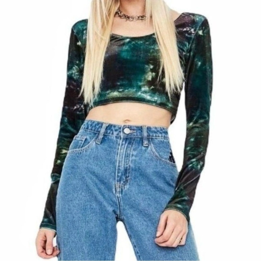 BDG Urban Outfitters Green Tie Dye Velvet Scoop Neck Long Sleeve Crop Top Small